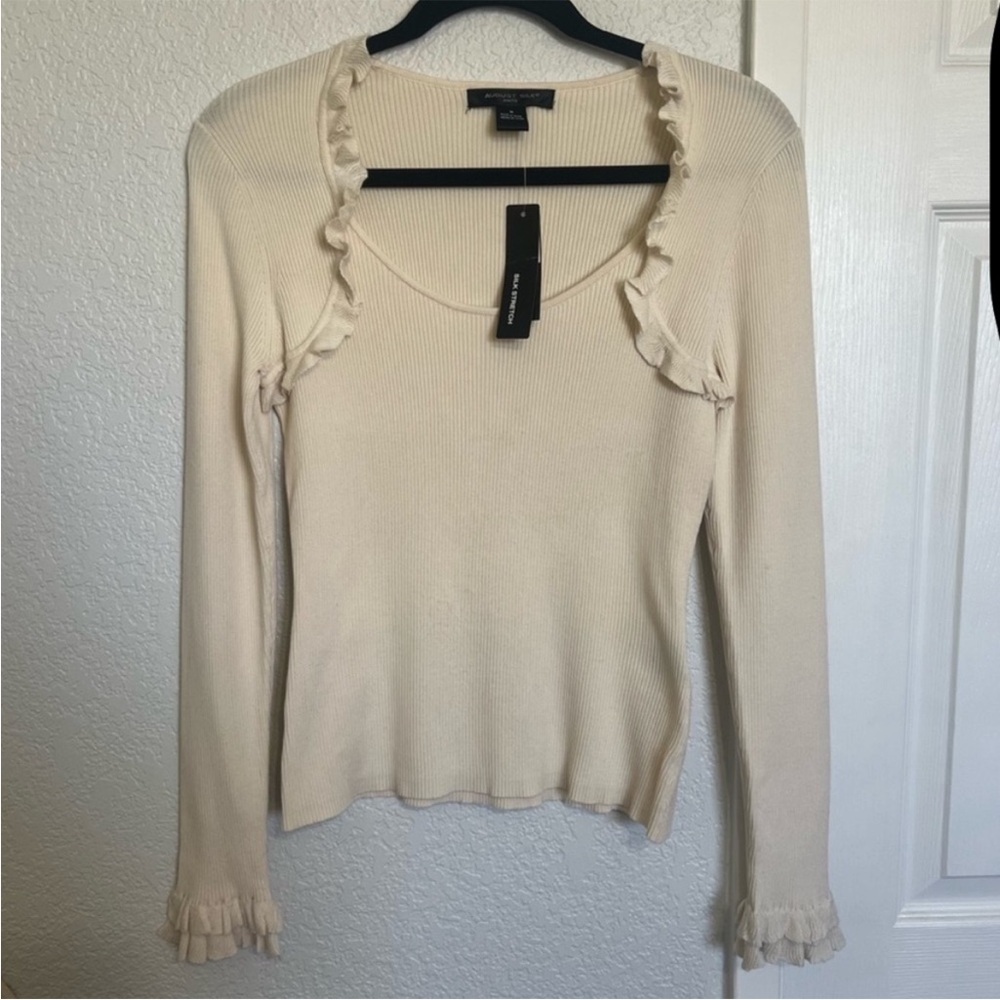 august silk Cream Ruffle-Trim Ribbed Long Sleeve Top